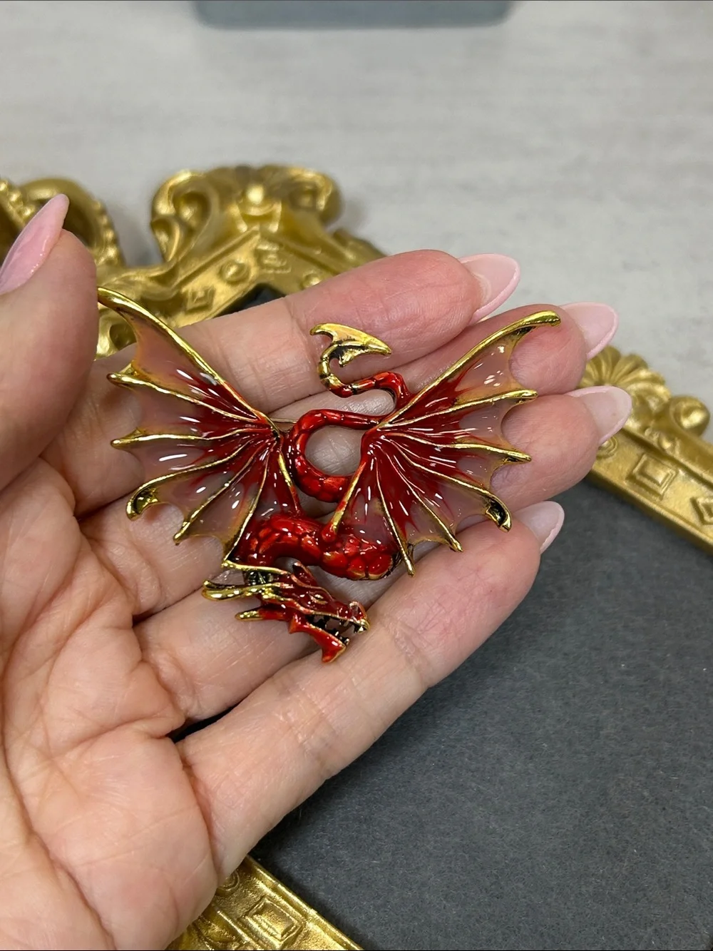 Red Enamel Dragon Brooch with Gold Trim